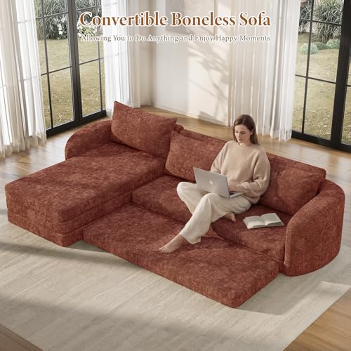 Image of Vesgantti 6 in 1 Convertible Folding Sleeper Sofa Bed, No Assembly, Orange | 110.2 inch L Shaped Modular Sectional Sofa, Curved Armrest, Deep Seat Boneless Couches for Living Room, Chenille, Left Facing