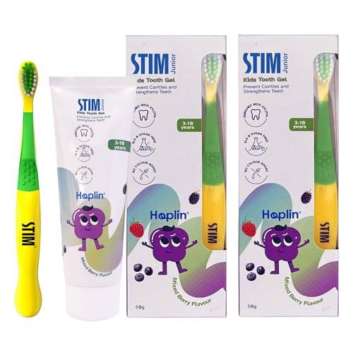 Image of STIM Junior Kids Toothpaste | Age-Appropriate Fluoride | 3-10 Years | Mixed Berry Flavoured | SLS & Colour-Free Toothpaste | Enriched with Xylitol & Vitamin E | (Combo pack with toothbrush) (Pack of 2)