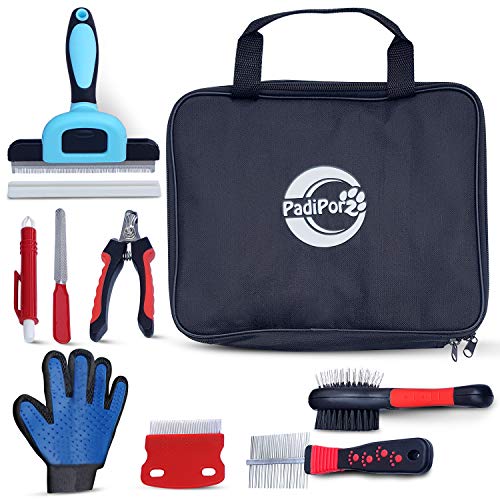 Padiporz Professional 8 Piece Grooming Kit for Dogs or Cats – Essential Pet Grooming Accessories Set with De shedding Tool, Brushes, Nail Clippers, Brushing glove, Tick remover – Ideal for All Breeds