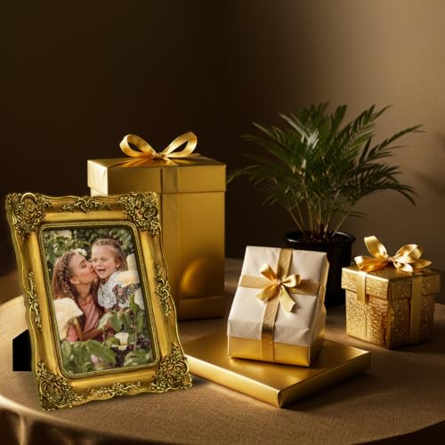 Image of Victorian Picture Frames 5x7 Gold Picture Frame Vintage Ornate | Tabletop or Wall Hanging, Real Glass