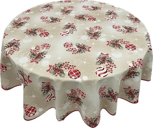 1KDreams Mantel navideño redondo, bolas de Navidad, acebo y copos de nieve, hilo efecto dorado, Lurex, mantel de mesa moderno Shabby Chic (Beige, diámetro 140 cm)