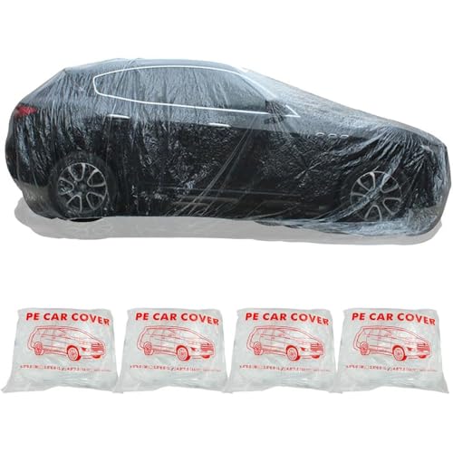 4 Packs Disposable Car Cover Clear Plastic Car Cover Universal Rain Dust Garage Cover with Elastic Band Medium (12 ft x 22 ft)