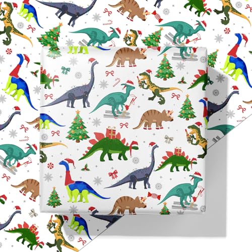ZINTBIAL Dinosaur Christmas Wrapping Paper - Xmas Gift Wrap with Holiday Trees Santa Hat Snowflakes & Candy Canes Design - Perfect for Kids & Adults Gift Wrapping - 4028 Inches 4 Folded Sheets