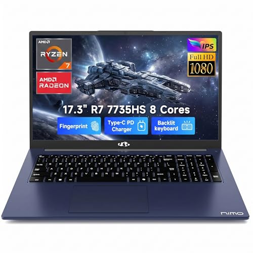 Image of NIMO 17.3 inch Gaming Laptop, AMD Ryzen 7 7735HS (8 Cores, up to 4.75GHz), 32GB DDR5 RAM, 1TB SSD, Radeon 680M, IPS FHD, 180 View, Wi-Fi 6E, 100W Type-C, Windows 11, Backlit Keyboard Computer