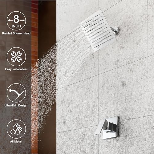 Set de grifería para baño SKOWLL, montaje en pared, cabezal de ducha de 8 pulgadas, sistema de ducha con válvula y mango, función simple, acabado en cromo pulido miniatura 2