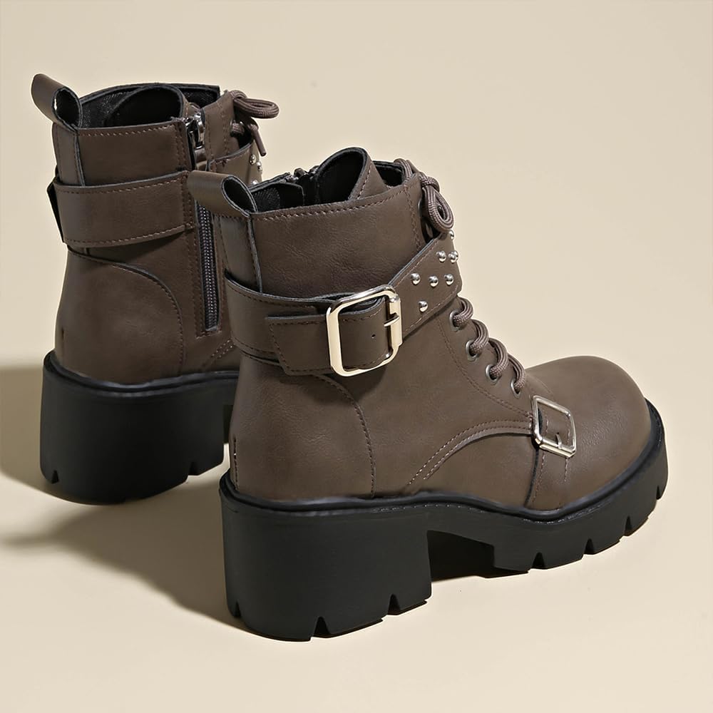 Women’s Goth Platform Ankle Boots - Fashion Chunky Heel Lace Up Combat Booties with Buckle Detail, Round Toe Side Zipper Punk Walking Shoes - Image 5