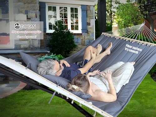 Image of GOCAN Quilted Fabric Double Hammock Won't flip with Stand and Spreader Bars,Safer and Sturdier,Quality Hammocks for Outdoor Indoor Patio Yard Two Sided Dual use Deep Grey