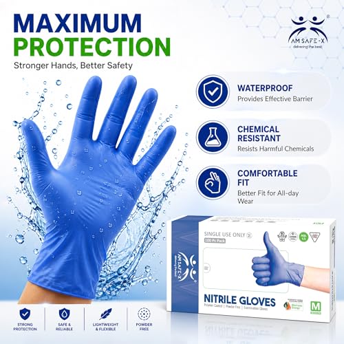 Image of AM Safe X Powder Free Blue Nitrile Gloves for Hands 2000pcs | Pack of 20 | Food Grade Heavy Duty Disposable Multipurpose Gloves|Cleaning, Kitchen, Tattoo, Salon, Automotive & Examination Gloves Medium
