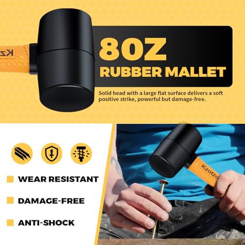Image of 2-Piece Rubber Mallet Hammer Set, 8oz Rubber Hammer Mallet & 25mm Double-Faced Soft Mallet, Shockproof Fiberglass Handle with Cushion Grip, Damage-Free to Floor, Tile, Crafts