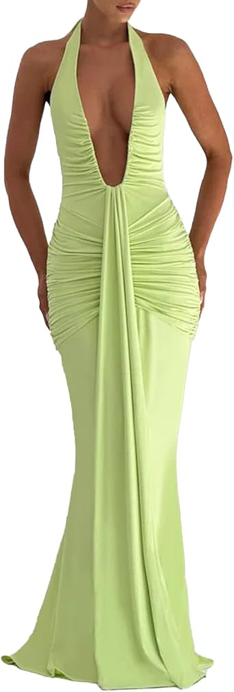 ABYOVRT Women Deep V Neck Ruched Maxi Dress Sleeveless Halter Gown Cocktail Evening Formal Dresses