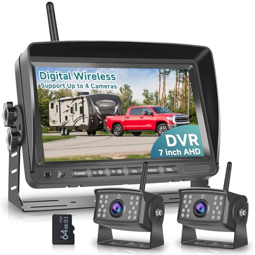 Image of Wireless Backup Camera for RV, 7 inch IPS Monitor Kit+ 2 AHD Rear View Camera Waterproof Night Vision DVR Recording, Wireless Reverse Camera 12V-36V for Truck /Trailer /RV /Camper /Excavator /Caravan