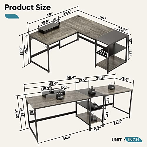 Bestier Industrial L Shaped Desk With Shelves 94.5 Inch Reversible Corner Computer Desk Or 2 Person Long Table For Home Office Writing Study Workstation With Monitor Stand And Headphone Hook, Gray #TOP2