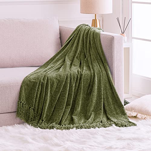 Image of FRESHMINT Throw Blanket Soft Fluffy Chenille with Decorative Tassel Fringe for Home Decor Sofa Couch Bed Gift 80 x 60 Inch, Loden Green