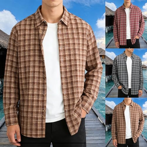 RUMAOZIA Men's Checked Shirt Long Sleeve Cotton Casual Shirts Regular Fit Checked Shirt Casual Shirt Traditional Shirts Men Button Down Work Shirt Men's Shirt Classic Stretch Business Shirt, O Red, XL