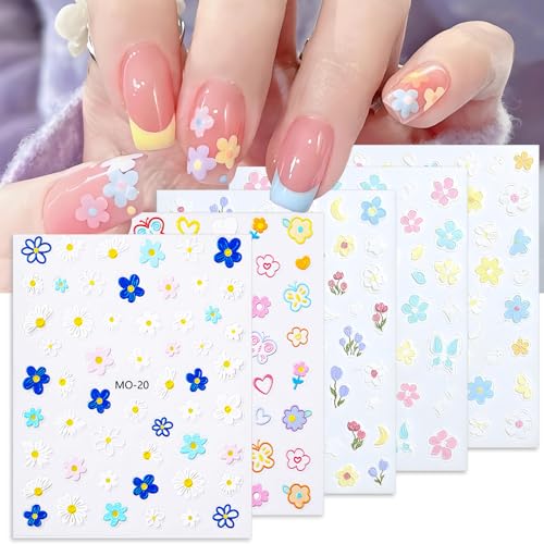 liuchanghe 5 Hojas 3D Pegatinas de Flores para Uñas, Autoadesiva Nail Art Stickers Decoración