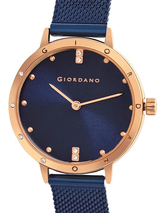 Image of Giordano Analog Quartz Watch for Women with Round Dial, Two-Hand Display, Crystal-Studded Hour Markers and Bezel and Stainless Steel Mesh Strap - A2085