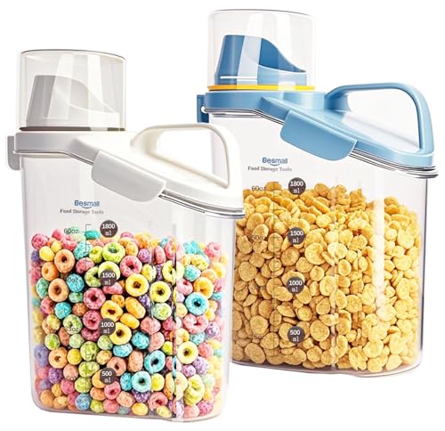 Besmall Cereal Containers Storage,2L Airtight Large Dry Food Storage Containers with Pouring Spout, Measuring Cup for Flour and Grain,BPA Free Plastic Dispenser