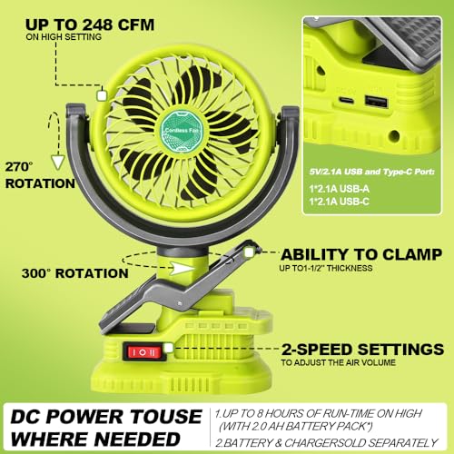 Wexibryndl Cordless Clip-on Fan Compatible with Ryobi 18V ONE+ Battery(TOOL ONLY), Camping, Outdoor, Job Site & Bedroom, 2-Speed, 270° & 300° Rotation, Dual USB Charging Ports (USB-A & USB-C) — view 5