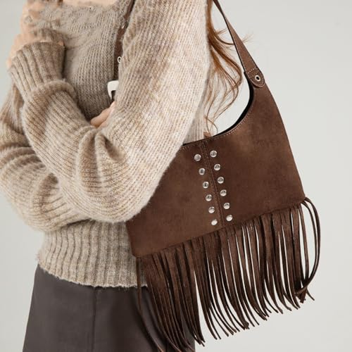 Sac à main rétro en daim avec pompons bohèmes et finitions modernes