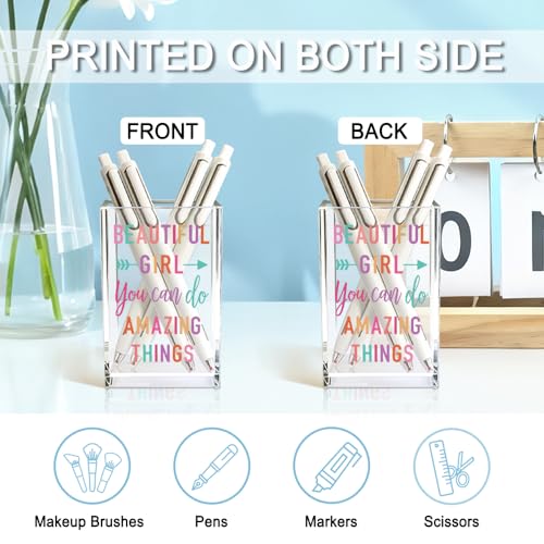 Image of Beautiful Girl You Can Do Amazing Things Acrylic Cosmetic Holder, Inspirational Makeup Brush Holder Gifts, Encouragement Gifts for Teens Women, Bathroom Vanity Storage for Makeup Brushes