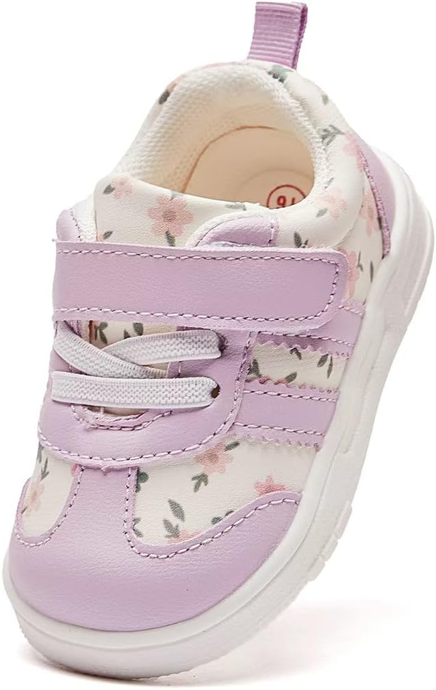Toddler Girls Sneakers with Floral Print Non-slip First Walking Shoes | Infant First Walking Shoes, Lightweight Soft Sole, Canvas Tennis Shoes, Adjustable Hook-Loop Closure