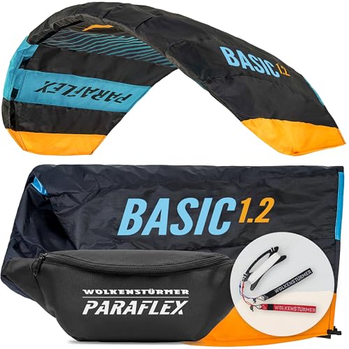 Wolkenstürmer Paraflex Basic Lenkmatte 1.2 (türkis) - Zweileiner Kite für Kinder ab 6 Jahre - Lenkdrachen flugfertig mit 2x25m Dyneemaleinen & Flugschlaufen