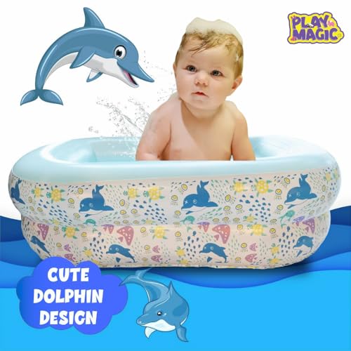 Image of PlayMagic AquaBub Dolphin Rectangular Inflatable Bathtub|Swimming Pool with Leg Support|Soft Material Portable Bath Tub|Travel Bathing Tub|Outdoor Toy for Kids 6-24 Months|Birthday Gift