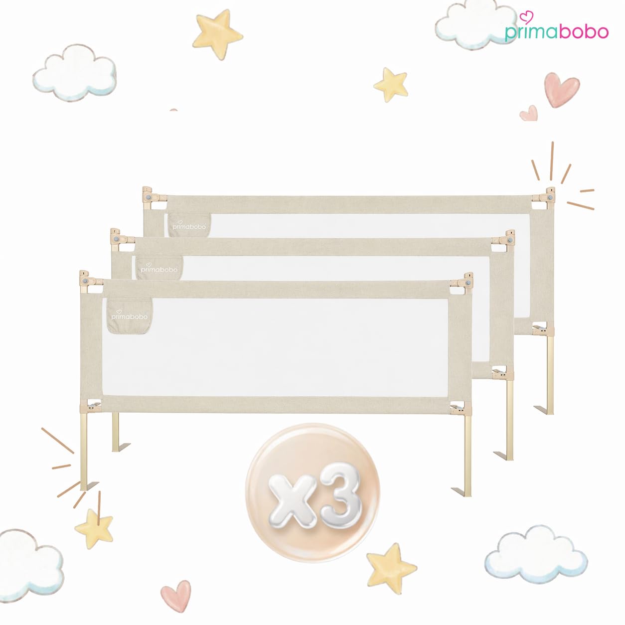 Primabobo Bettgitter Set 3 Stück Beige – 2X 200 cm + 1x 160 cm – Rausfallschutz Kinderbett, Sicheres Bettgitter, Bettschutz Komplettset