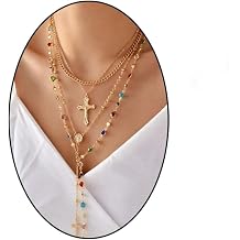 Gold Stack Cross Necklace for Women Trendy,Boho Layered Long Necklaces with Colorful Beads Adjustable Choker Long Pendant Necklace Vintage Rosary Festival Jewelry