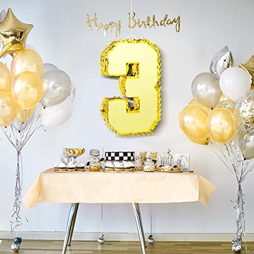 Gold Foil Number Pinata Small Kids Birthday Party Pinata With Gold Blindfold 15.75 Inches Stick And Confetti For Birthday Party Decorations Anniversary Celebrations Supplies Favors(Number 3) #TOP5