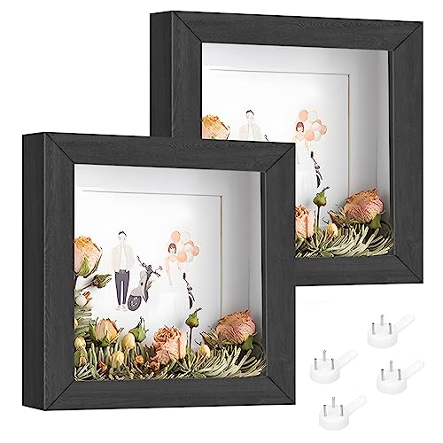 Marco de fotos 3D de 20x20 cm, 2 unidades, marco profundo para rellenar con placa acrílica, 3 cm de profundidad interior, caja de sombra de madera para San Valentín, entradas (negro, cuadrado)