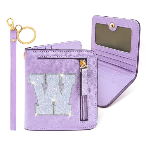 Image of COSHAYSOO Initial Wallet RFID Small Bifold Slim Letter Wallet for Women Teenager Girls Travel Daily Necessities Credit Cards Money Cash Coin Organizer, Purple, Compact, W