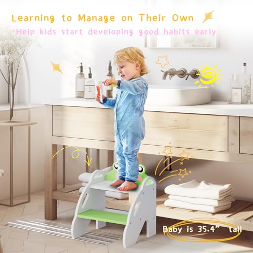 Frog-Themed Toddler Step Stool, 2-Step Stool for Bathroom Sink & Potty Training, Kids Kitchen Helper Stool with Safety Handles (Natural Wood, 120lbs Capacity)(Green) - Image 5