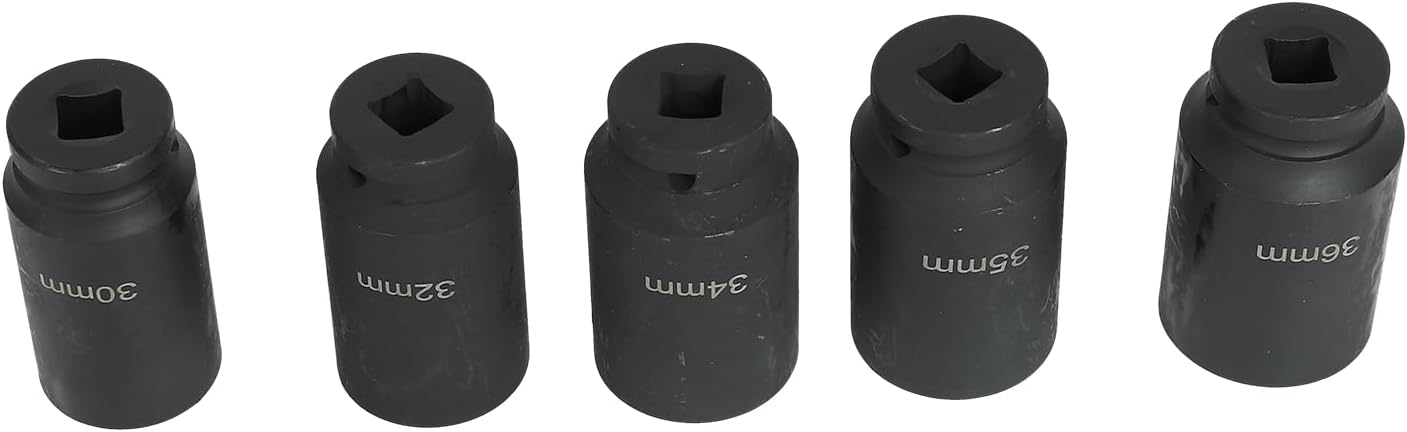 5PC 1/2-Inch Impact Socket Set 12 Point Metric Size 30mm 32mm 34mm 35mm 36mm,Drive Deep Spindle Axle Nut Impact Socket Set,CR-MO