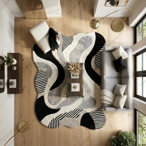 Image of SWEET HOMES Irregular Handwoven Shaggy Fluffy Area Rug | Modern Abstract Plush Carpet for Living Room, 12 x 18 Feet (366 x 549 cm), Black /Grey