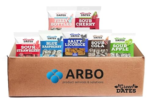 Green Dates Mix Box 7 Sorten a 90g – inkl. neuste Sorte Extra Salty Licorice – Veganer Superfood Dattelsnack, zuckerfrei & fruchtig – Probierpaket für unterwegs, Büro & Geschenk