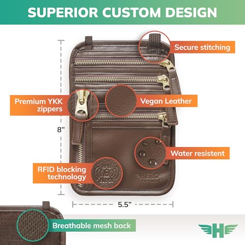 Image of HERO Neck Wallet - RFID Blocking Passport Holder, Easy to Conceal Travel Pouch (Vegan Leather Brown)