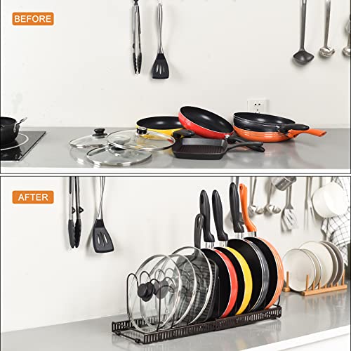 Toplife Pots and Pans Organizer Rack for Cabinet and Countertop, 10+ Pot Lids, Bakeware and Cookware Organizer Rack Holder with 10 Adjustable Compartments - Brown by Toplife - Image 3