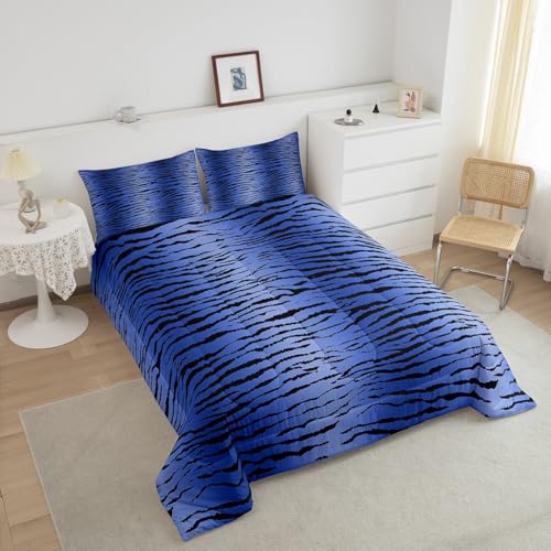 Image of Feelyou Kids Blue Black Boys Girls Bedding Set Full, Zebra Stripes Comforter Safari Animal Fur Print Comforter Set for Kids Teens Jungle Duvet Set 3Pcs