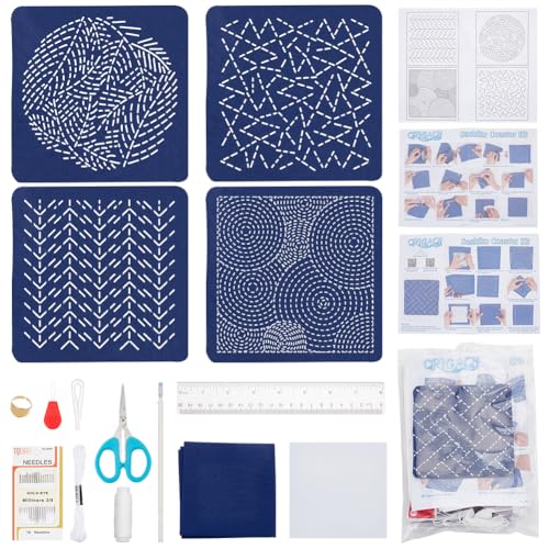 Image of FREEBLOSS 4 Set Sashiko Coaster Kit Water Soluble Embroidery Patterns Full Embroidery Kit Includes Sashiko Thread, Needles and Fabric Coaster Making Kit for Adults Embroidery Lovers