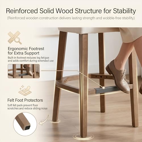 Farmhouse 30'' Extra Tall Bar Stools Set of 2 Modern Counter Height Barstools with Backs Rustic Wood Bar Stools Linen Upholstered Counter Chairs Kitchen Island Stool Chairs with Wood Frame, Beige - Thumbnail 6
