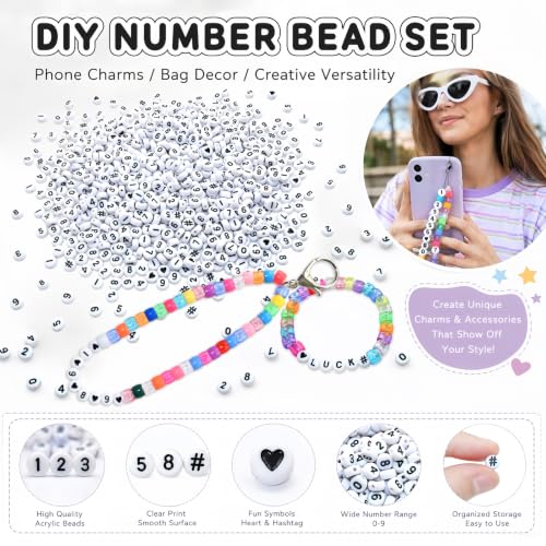 Image of Amaney 500pcs Number Beads 7x4mm 0-9 Heart # White Acrylic Plastic Round Shape Loose Beads