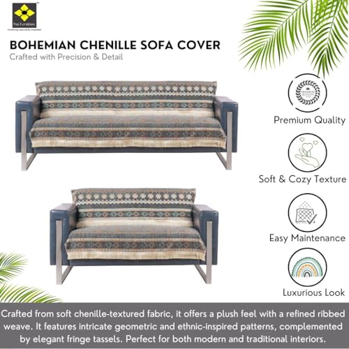 Image of Elegant Woven Grey Sofa Cover - Soft Chenille Traditional Pattern with Lace Style | L-Shape Sectional Seat Protector for Living Room | Durable & Stylish Slipcover 3+2 Seater Sofa Cover