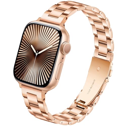 Image of Melyis Slim Metal Band Compatible with Apple Watch Bands for Women 42mm 40mm 41mm 38mm, Premium Stainless Steel Classic iWatch Bands for Apple Watch Band Series 11 10 9 SE Series 8 7 6 5 4 3 2, Rose Gold
