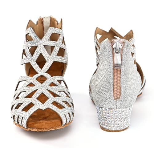 Wuailim Women's Ballroom Rhinestone Dance Shoes, Latin Salsa Bachata Practice Performance Dancer Shoes (Glitter Silver,1.5 Inches Heel,Size 7) #TOP5