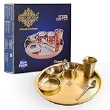 INDIAN ART VILLA Pure Brass Solid 6 Pieces Dinner Set/Thali Set Of 1 Plate, 1 Glass, 1 Spoon, 1 Small Plate & 2 Bowls, Color- Gold, Dinnerware, Tableware Or Crockery