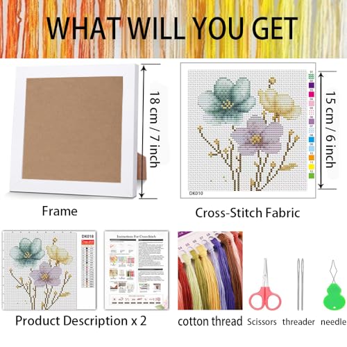 Image of Tiwabb Cross Stitch Kits for Adults Beginners,Flowers Cross Stitch Kits with Framed,Embroidery Kit for Beginners,Partial Floral 11CT Cross-Stitch Arts and Crafts for Adults 7x7inch
