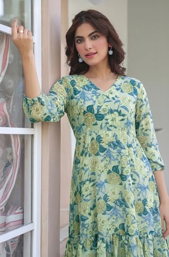 Image of Janasya Women's Light Green Georgette Floral Printed A-Line Dress