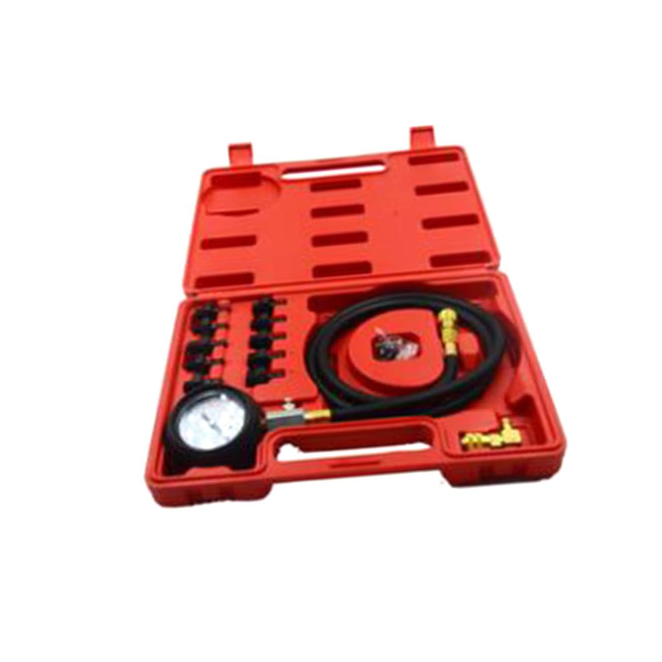 Manometro Pressione Olio Motore Auto, Kit Tester Rosso | Metallo e Plastica, Custodia Rigida Inclusa, Adattatore a 90 Gradi, Tubo e Raccordi per Motori Benzina