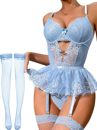 Image of Alrovetoney Women Lingerie Set Naughty Lace Bodysuit High Waisted Underwire Lingerie Babydoll With Garter Belt and Stockings